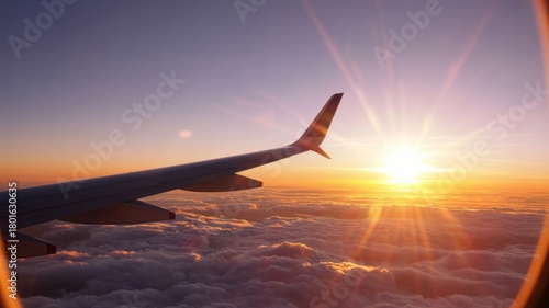 Fototapeta Naklejka Na Ścianę i Meble -  Airplane wing view at sunset above the clouds from inside the plane during a flight journey