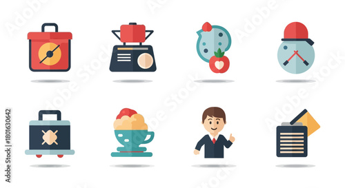 Set of eight colorful flat design icons of various objects and concepts.