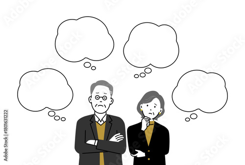 高齢夫婦の不安を表すイラスト・空白の吹き出し付き・悩みや心配ごとのイメージ