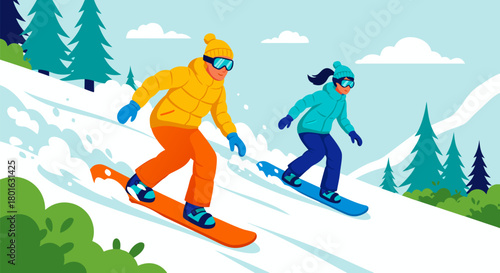 A vector graphic depicting two snowboarders enjoying a snowy descent down a mountain slope