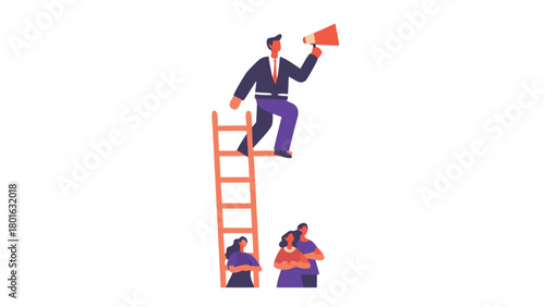 Business leader on a ladder guiding a team below symbolizing leadership teamwork and achieving goals in a corporate setting