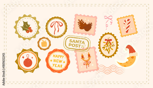 Cute Christmas collection of vintage postage stamps and stamps in warm pastel colours. Bow, pine cones, mistletoe, holly berries. Perfect for invitations, postcards, journaling, and diaries.