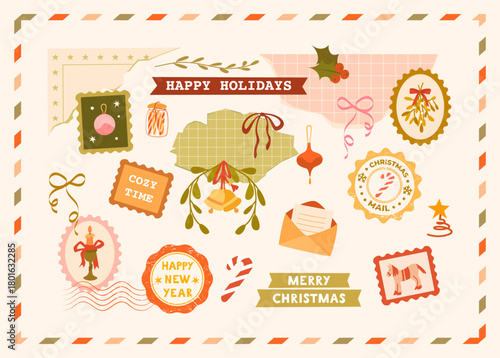 Cute Christmas scrapbook set with cozy festive elements. Postage stamp, stamp, pieces of paper, wreath, bows, envelope. Perfect for invitations, postcards, journaling, diaries.