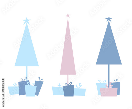 Abstract Christmas tree with gifts on a white background, set of icons vector illustration. Festive New Year's background element for postcards, posters, banners, designs with a place for text