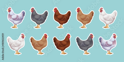 Chicken hen vector illustration set. Female chickens vector clipart design. Farm animals