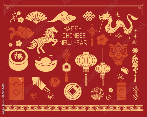 Collection of traditional Chinese New Year vector icons in red and gold colors. Includes lanterns, dragon, horse, lion mask, firecracker, fan, gold ingot, fish, plum blossom, coin