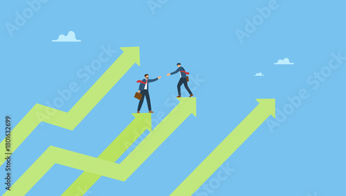 Businessman mentor help coworker to climb growth arrow chart. Business mentor, coaching or consult to help success, leadership or support to grow business or career, advice and trust to help improve.