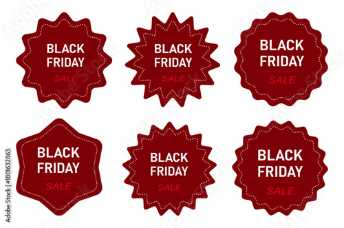 Black Friday sale badge collection in dark red with starburst and wavy shapes for promotion, advertising and marketing design