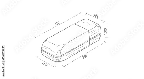 Technical drawing of a car roof box with dimensions.
