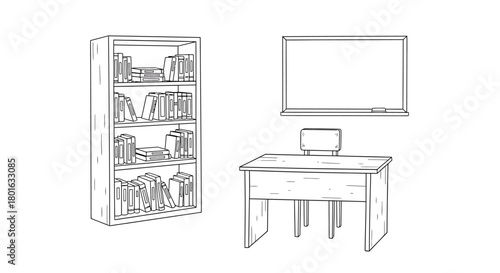 Study Room Setup With Bookshelf Desk and Whiteboard Illustration.