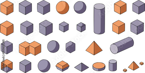 Isometric 3D Geometric Shapes Vector Set, Abstract Cubes Spheres Pyramids Cylinders in Purple Orange Perspective Design