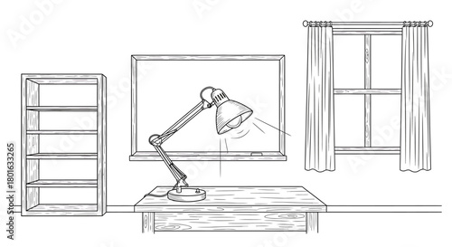 Sketch of a desk lamp illuminating a workspace.