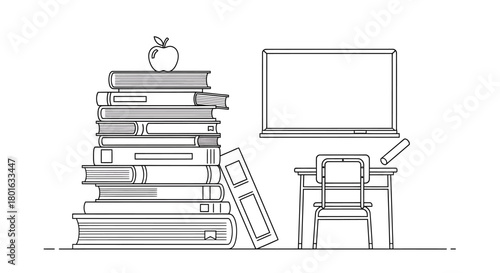 Stack of books with apple on top, school desk and computer screen.
