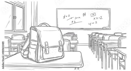 Sketch of a vintage school backpack on a desk in a classroom.