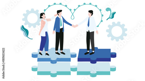 Diverse business partners collaborate by standing on interconnected puzzle pieces symbolizing teamwork strategy and problem solving in a professional setting