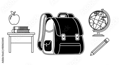 School Supplies Illustration - Backpack, Globe, Apple, Books, Desk, and Pencil.