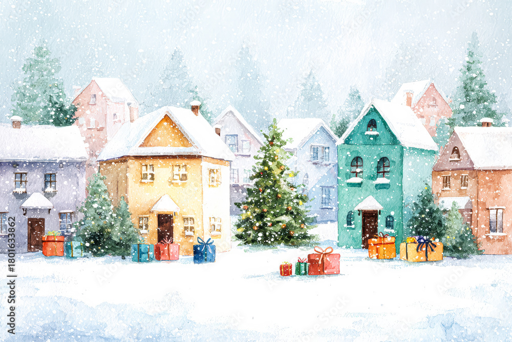 Fototapeta premium Winter village scene with colorful houses, snow-covered landscape, and festive holiday decorations