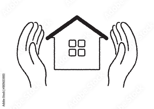 家を両手で守るシンプルな線画イラスト｜住まい・保護・安心を表すアイコン素材