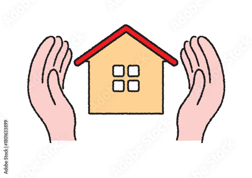 家と手のカラフルイラスト｜不動産・保険・住まいの安心を伝えるデザイン素材