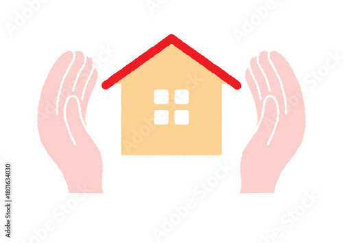 やさしい色合いの家と手のイラスト｜暮らしの安心・福祉・保護を表現する素材