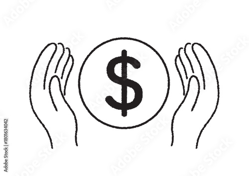お金を両手で支える線画イラスト｜金融・資産・保護のシンボル素材
