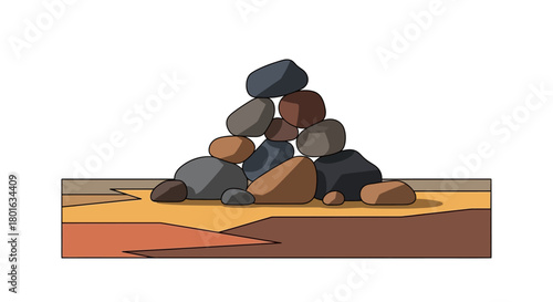 A simple illustration depicting a stack of various natural rocks and stones piled on a layered ground surface.