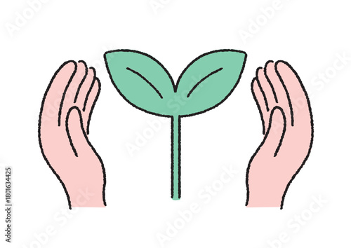 芽を両手で守るイラスト｜成長・育成・未来・自然を象徴する素材