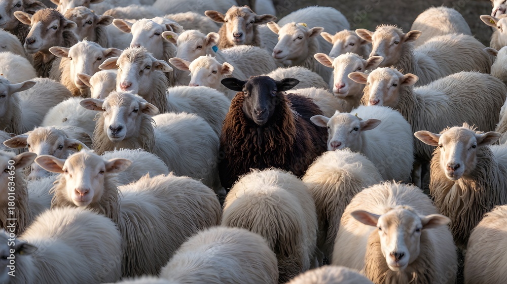 Fototapeta premium A solitary black sheep stands out amongst a large flock of white sheep in a close up outdoor portrait