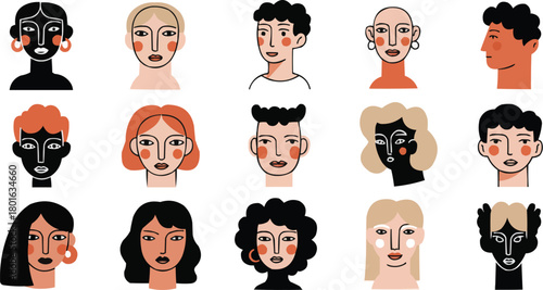 Minimalist abstract diverse people portraits vector set, modern geometric faces with earrings, contemporary avatars with bold lines and blush