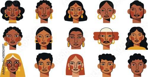 Minimalist abstract diverse people portraits vector set, modern geometric faces with earrings, contemporary avatars with bold lines and blush