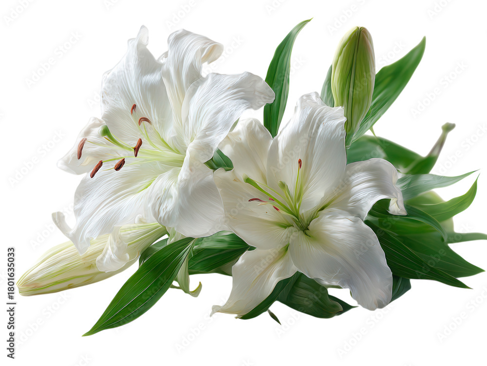 Obraz premium A cluster of fresh white lily flowers with green leaves.
