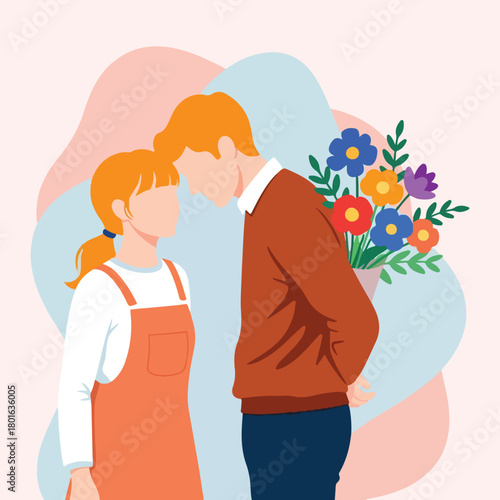 Young couple sharing a sweet moment with hidden bouquet surprise in flat design