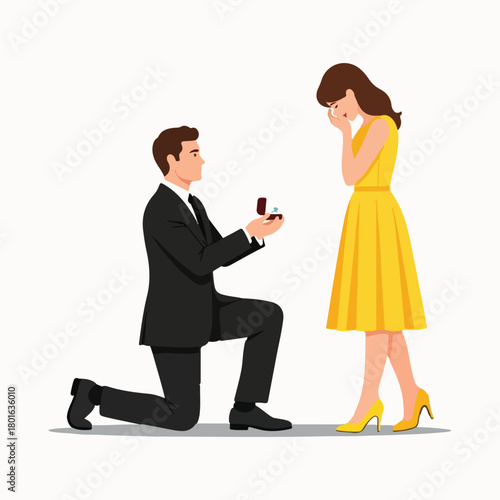 Man kneeling proposing with ring to surprise woman in flat design