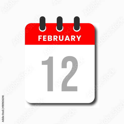 Minimalist red February 12 calendar icon in flat vector style, ideal for planner layouts and productivity UI.