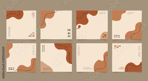 Boho abstract social media post templates vector set, neutral earth tone minimalist square backgrounds, Instagram story fluid shapes and doodle lines