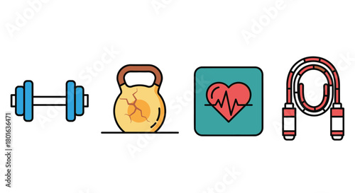Achieve fitness goals with dumbbell, kettlebell, heart rate, and jump rope icons