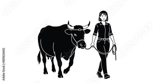 Farmer proudly leads prize cow for show or sale in clean graphic style