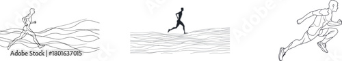 Continuous line art illustrates a person engaged in running during a marathon or sprint, characterized as a champion player who performs jogging exercises, all presented in a modern minimalist visual