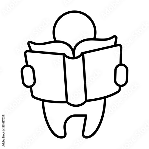 Baby reader thin line icon, book festival concept. Vector graphics. Book in kid hands, reading sign on white background, style icon mobile or web design.