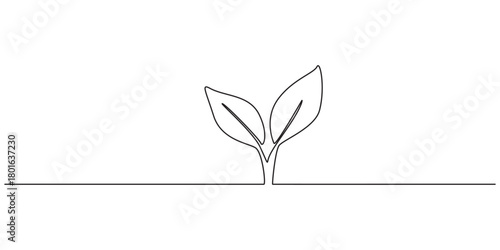 Single continuous line art growing sprout. Plant leaves seed grow soil seedling eco natural farm concept design one sketch outline drawing vector illustration, Single continuous line art growing