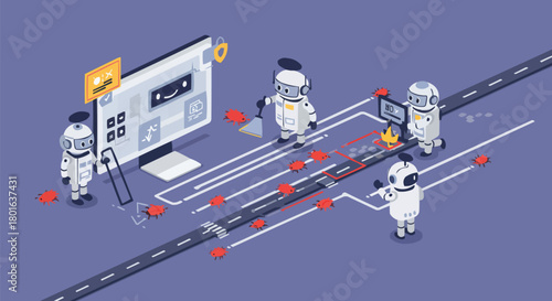Isometric AI Robot Removing Virus on Computer Network, Cybersecurity Malware Cleanup, Antivirus Software Protection, Digital Bug Sweep on Data Highway