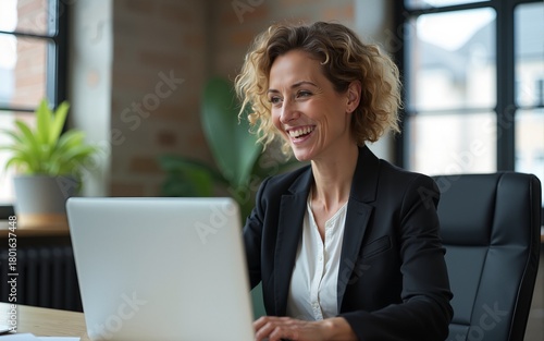Happy mature business woman entrepreneur in office using laptop at work smiling professional middle aged 40 years old female company executive wearing suit working on computer at workp : Generative AI