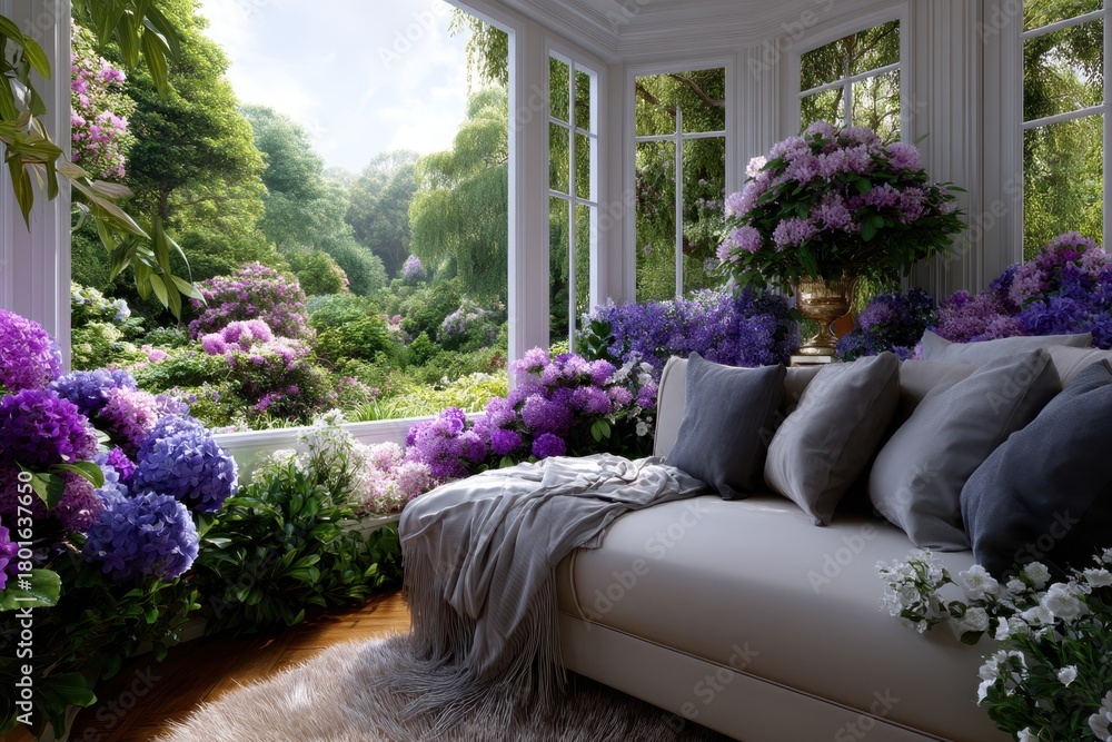 Obraz premium Cozy living room filled with vibrant flowers and natural light in a serene garden setting
