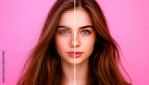 Woman's portrait before and after image enhancement. Comparing low resolution pixelated face high definition sharpened version on a pink background enhance upscale increase image resolution ai app