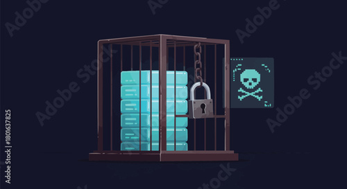 Ransomware attack concept, locked server in cage with padlock, pirate warning icon, cybercrime and data theft vector illustration