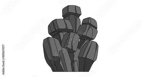 A stylized illustration of a cluster of dark grey, angular rock-like formations or mineral structures on a white background.