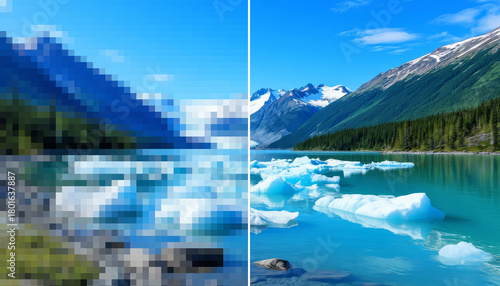 Comparing image resolution showing a pixelated low quality landscape next to clear high resolution version of mountain lake with floating ice forest enhance upscale increase image resolution ai app