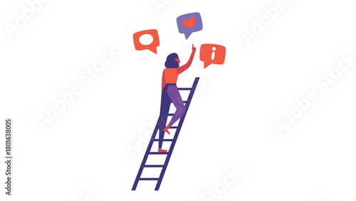 Illustration of a person standing on a ladder communicating an idea or message through a speech bubble suitable for advertising and promotional banners
