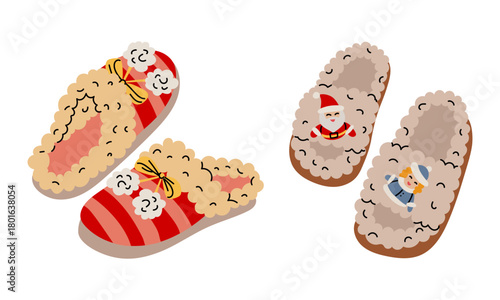 Set of two pairs of cozy Christmas slippers. One with red stripes and bows, and the other with images of Santa Claus and the Snow Maiden. For winter clothing, home decor, and festive greeting cards