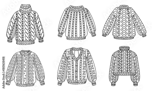 A set of cozy knitted sweaters with close knitting. Contoured monochrome. For winter fashion, cozy stickers, seasonal clothing models, and cozy home decor